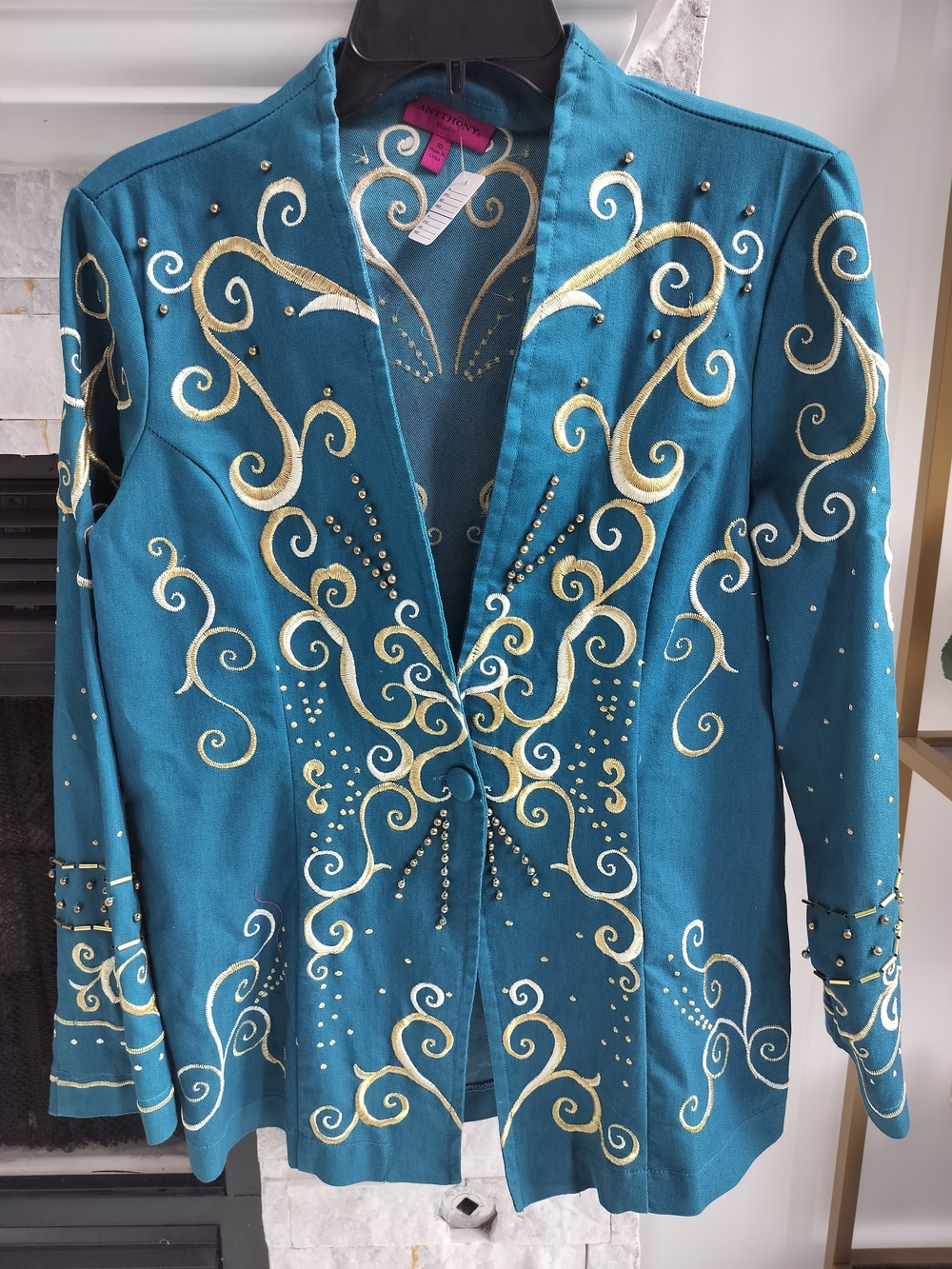 Antthony Teal Fabric Blazer with Gold Embroidery